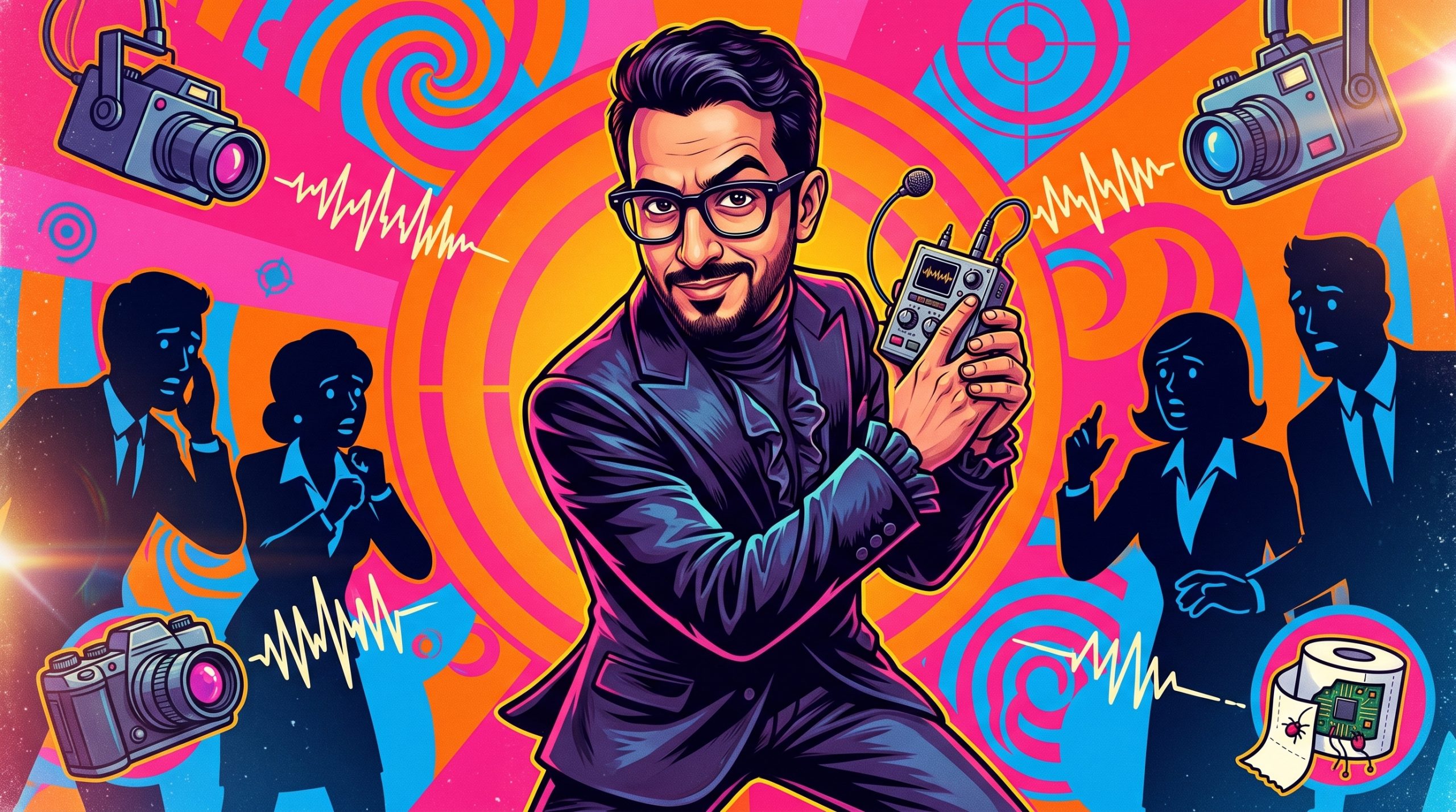 movie poster of Abdulrahman Alfozan looking like a spy holding a recording device.